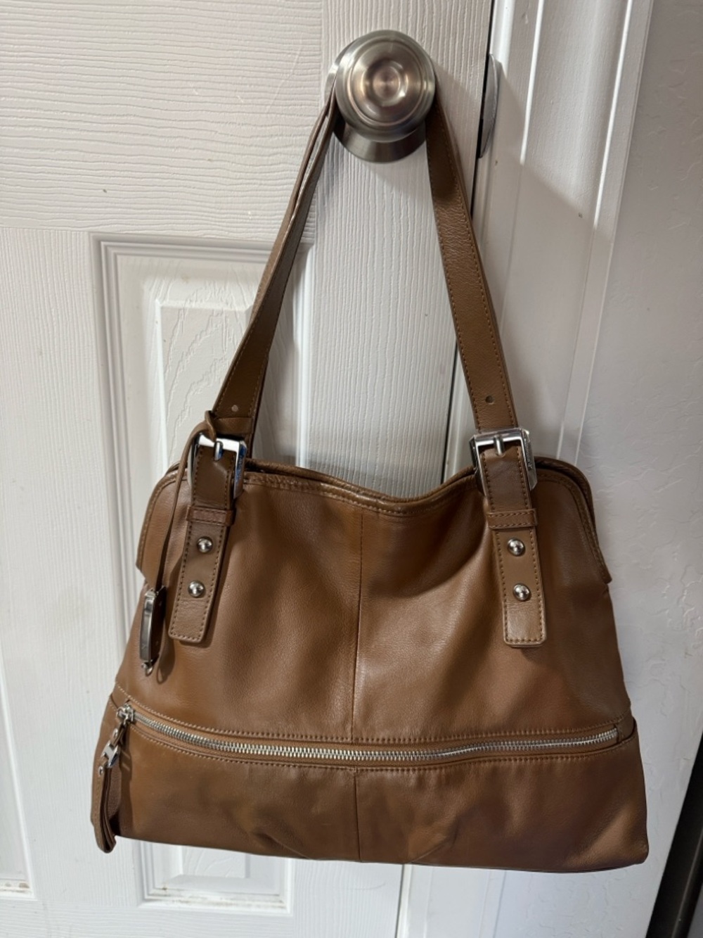 b. makowsky Tan Leather Belt with Silver Buckle